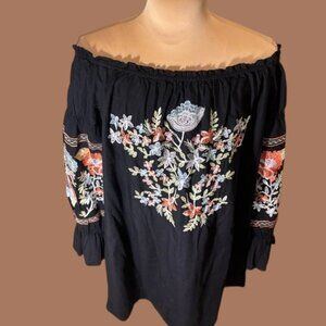 Free People Black Floral Embroidered off the shoulder Mini Dress size med
